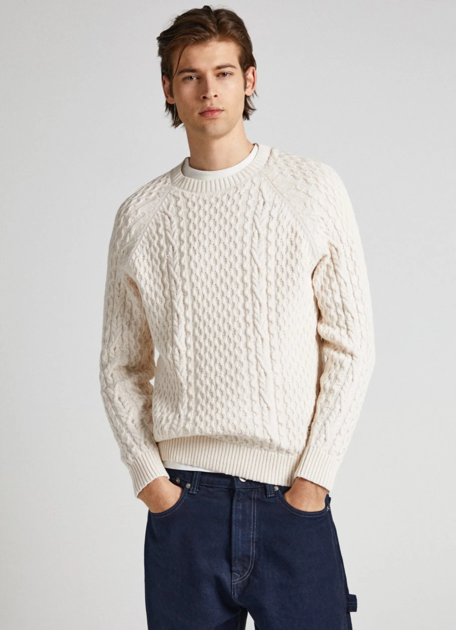 Men Pepe Jeans Crew Neck Cable Knit Jumper
