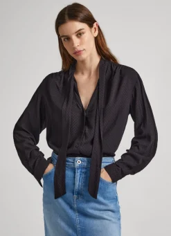 Women Pepe Jeans Dobby Blouse With Tie Neck