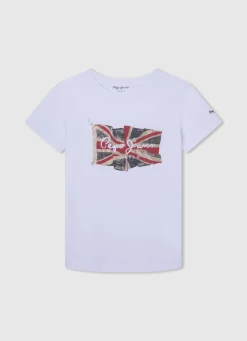 Boy Pepe Jeans Flag Logo Cotton T-Shirt