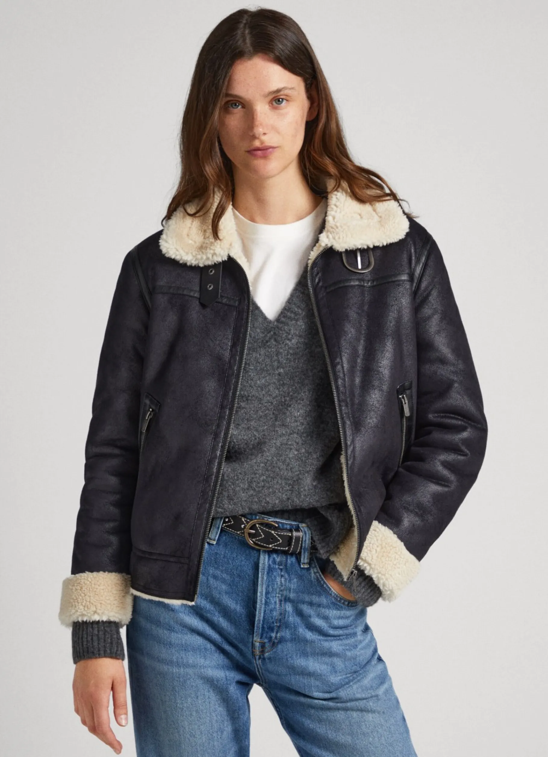 Women Pepe Jeans Fleece Lined Biker Jacket