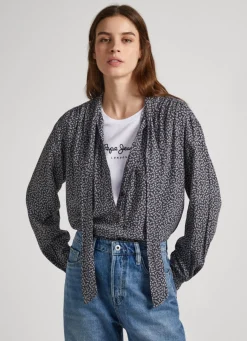 Women Pepe Jeans Floral Print Blouse With Tie Neck