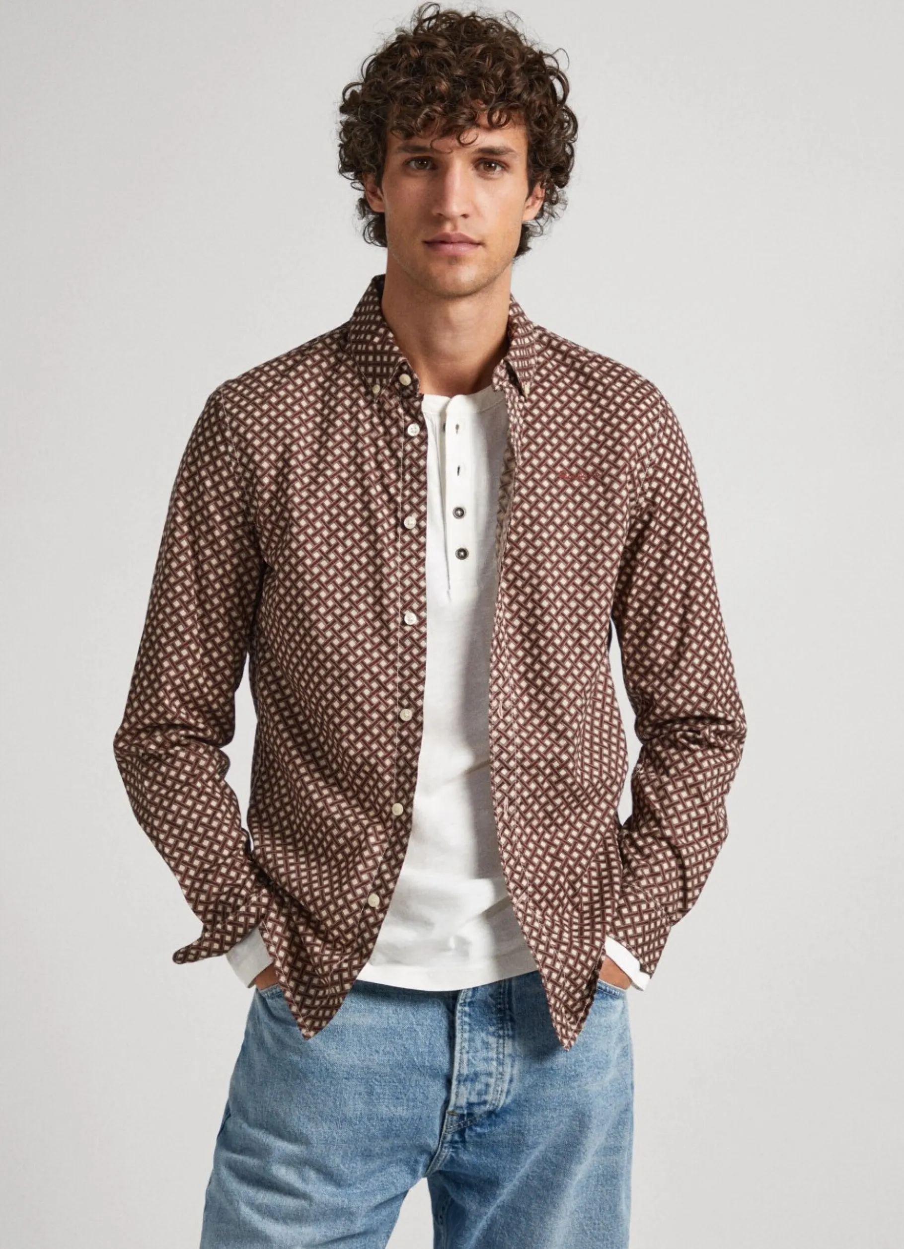 Men Pepe Jeans Geometric Print Poplin Shirt