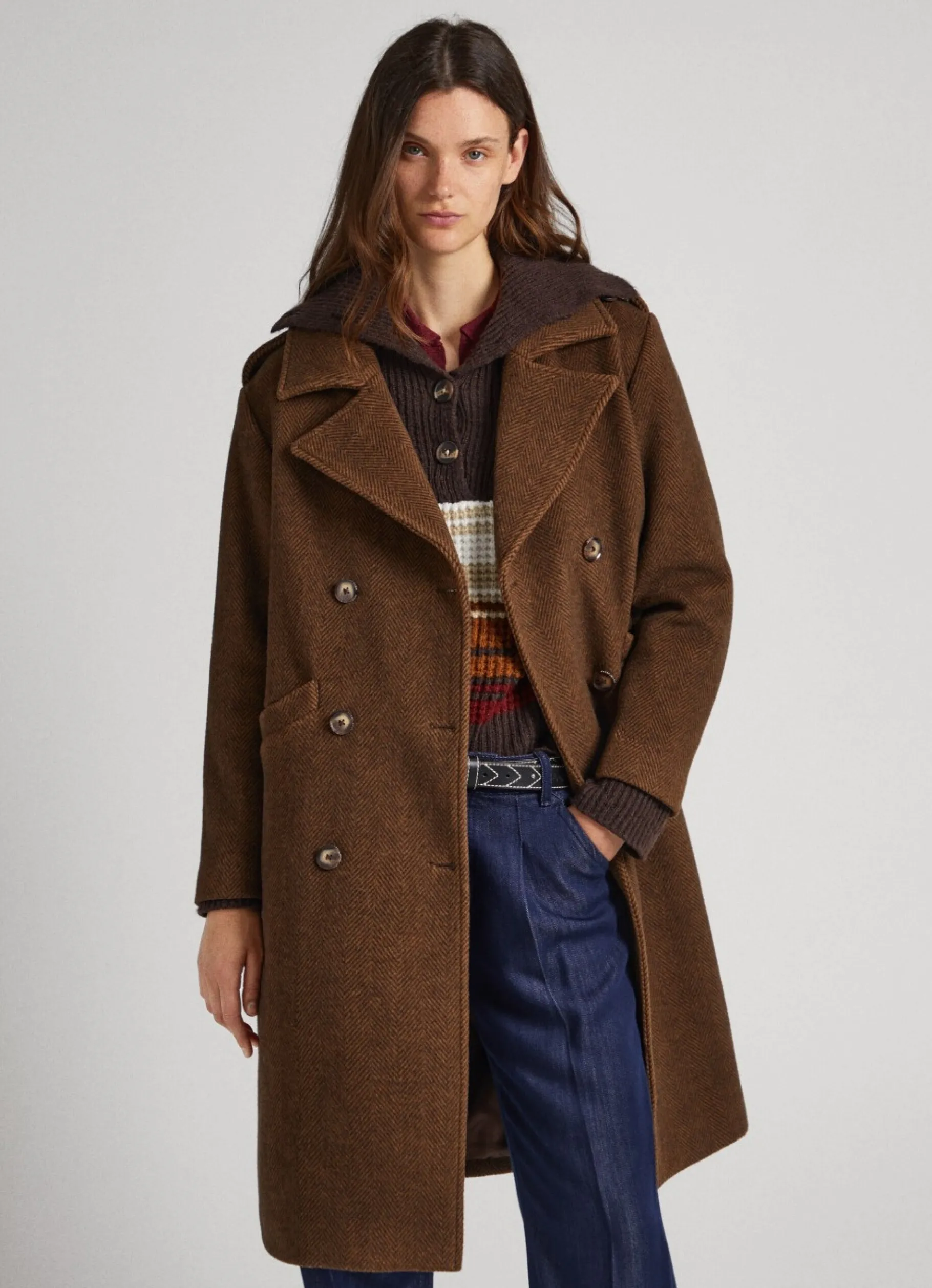 Women Pepe Jeans Herringbone Print Wool Coat