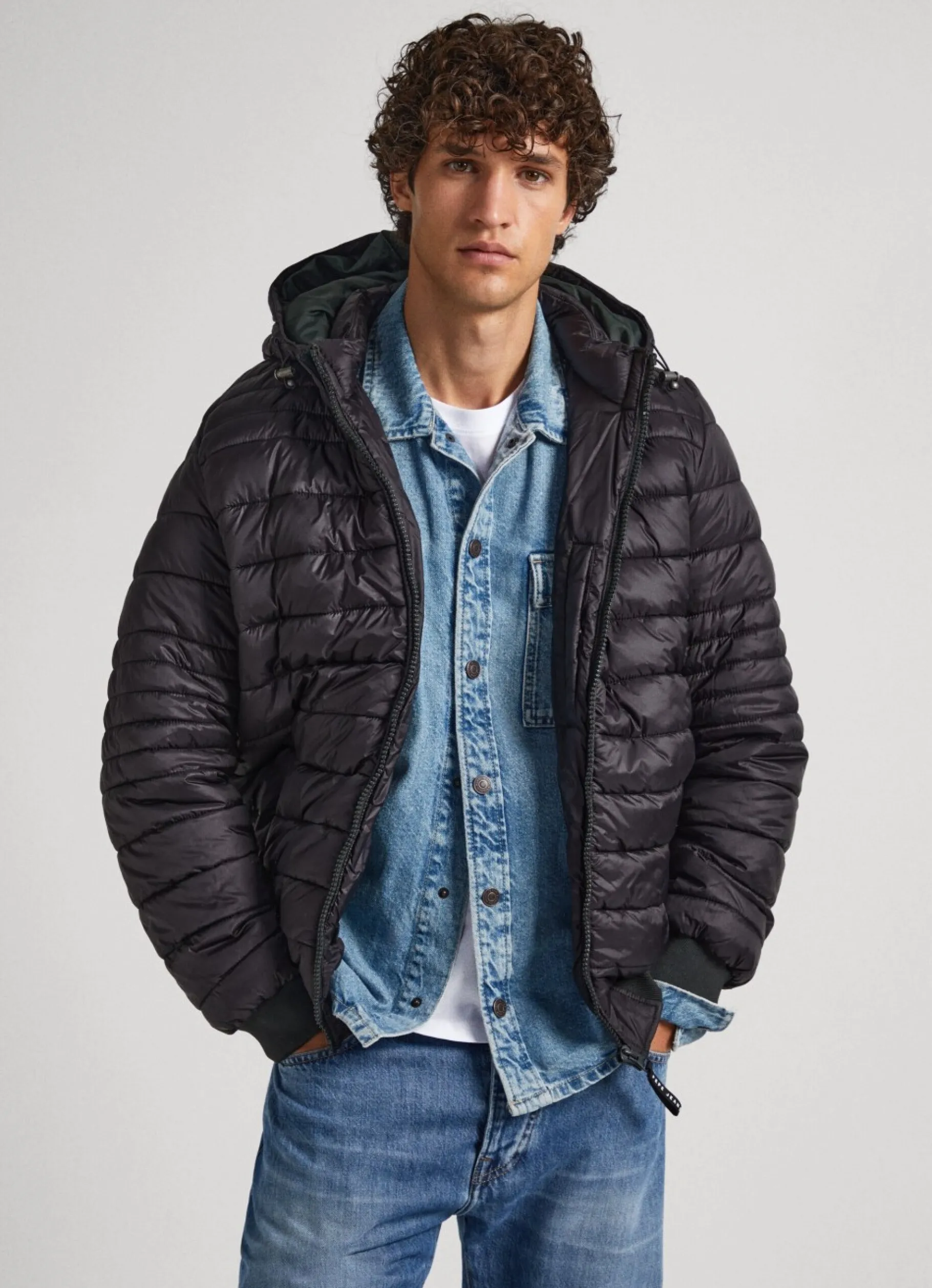 Men Pepe Jeans Hooded Nylon Puffer Jacket