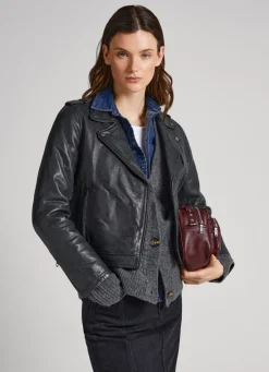 Women Pepe Jeans Lamb Leather Biker Jacket