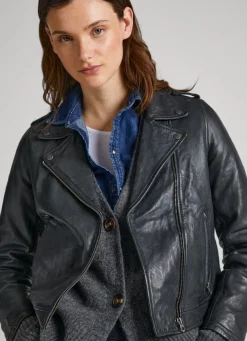 Women Pepe Jeans Lamb Leather Biker Jacket