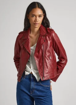 Women Pepe Jeans Lamb Leather Biker Jacket