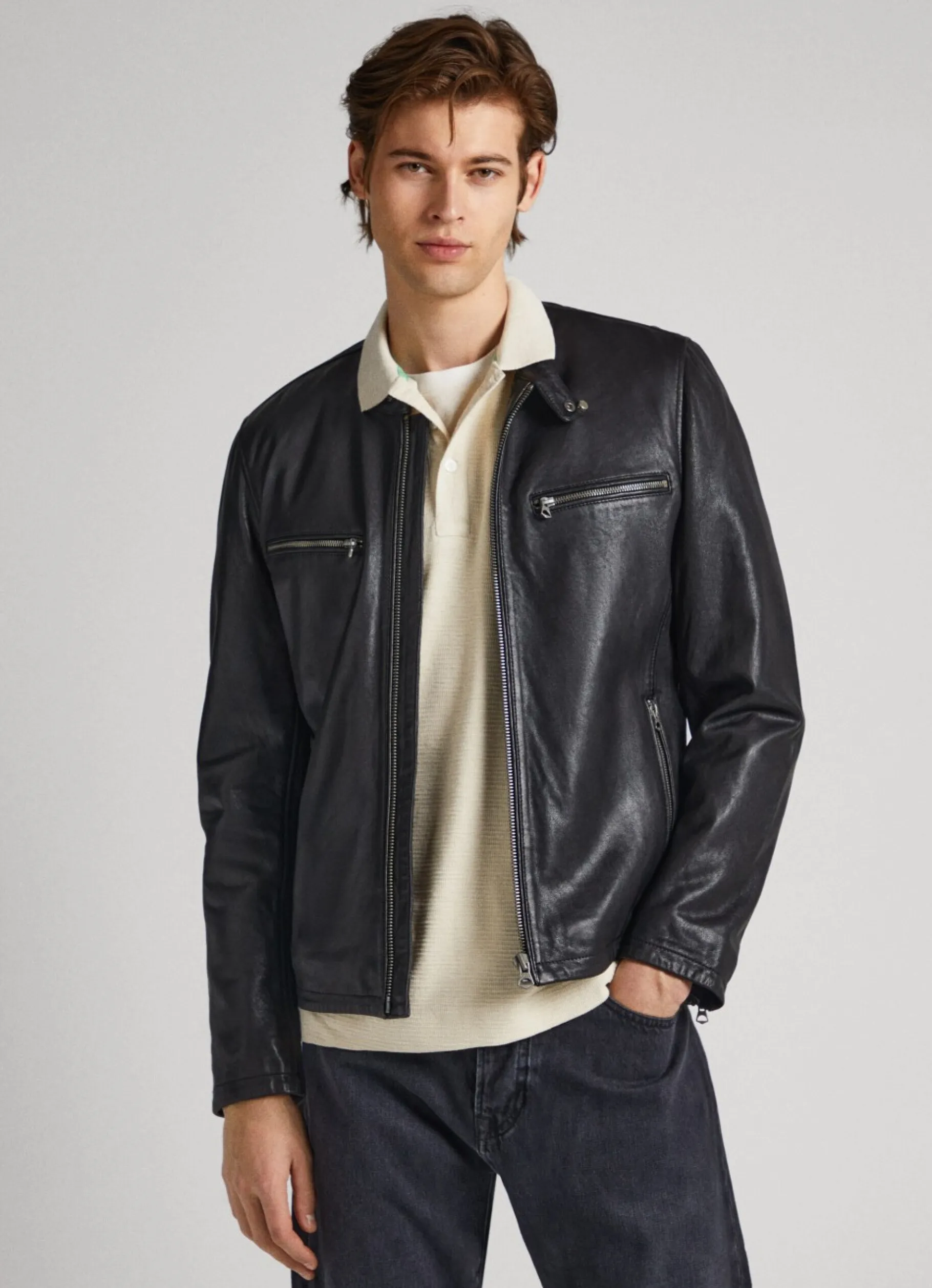 Men Pepe Jeans Lambskin Leather Biker Jacket