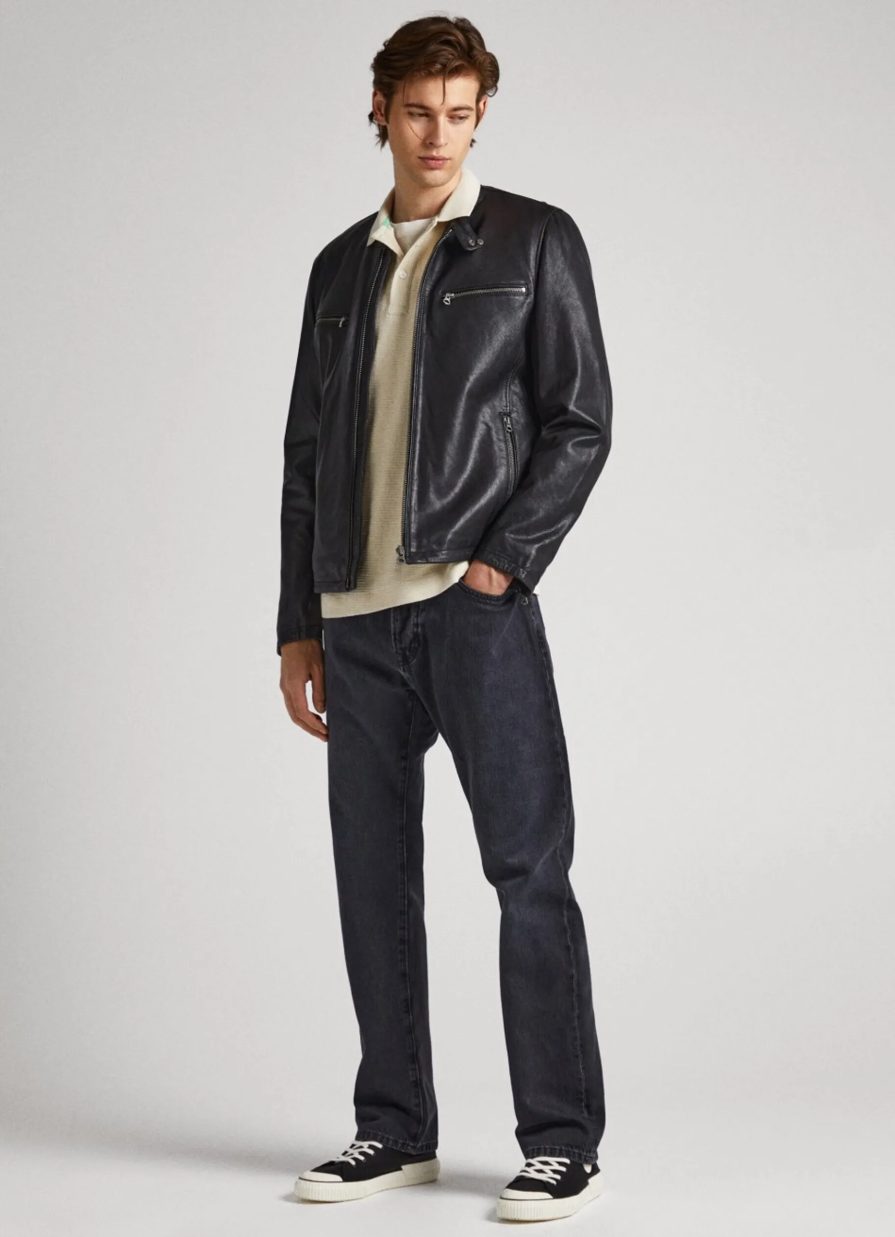 Men Pepe Jeans Lambskin Leather Biker Jacket