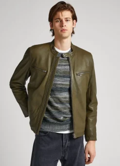 Men Pepe Jeans Lambskin Leather Biker Jacket