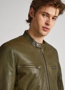 Men Pepe Jeans Lambskin Leather Biker Jacket