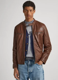 Men Pepe Jeans Lambskin Leather Biker Jacket