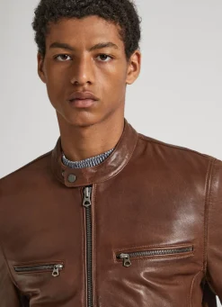 Men Pepe Jeans Lambskin Leather Biker Jacket