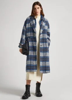 Women Pepe Jeans Long Checked Wool Coat
