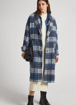 Women Pepe Jeans Long Checked Wool Coat