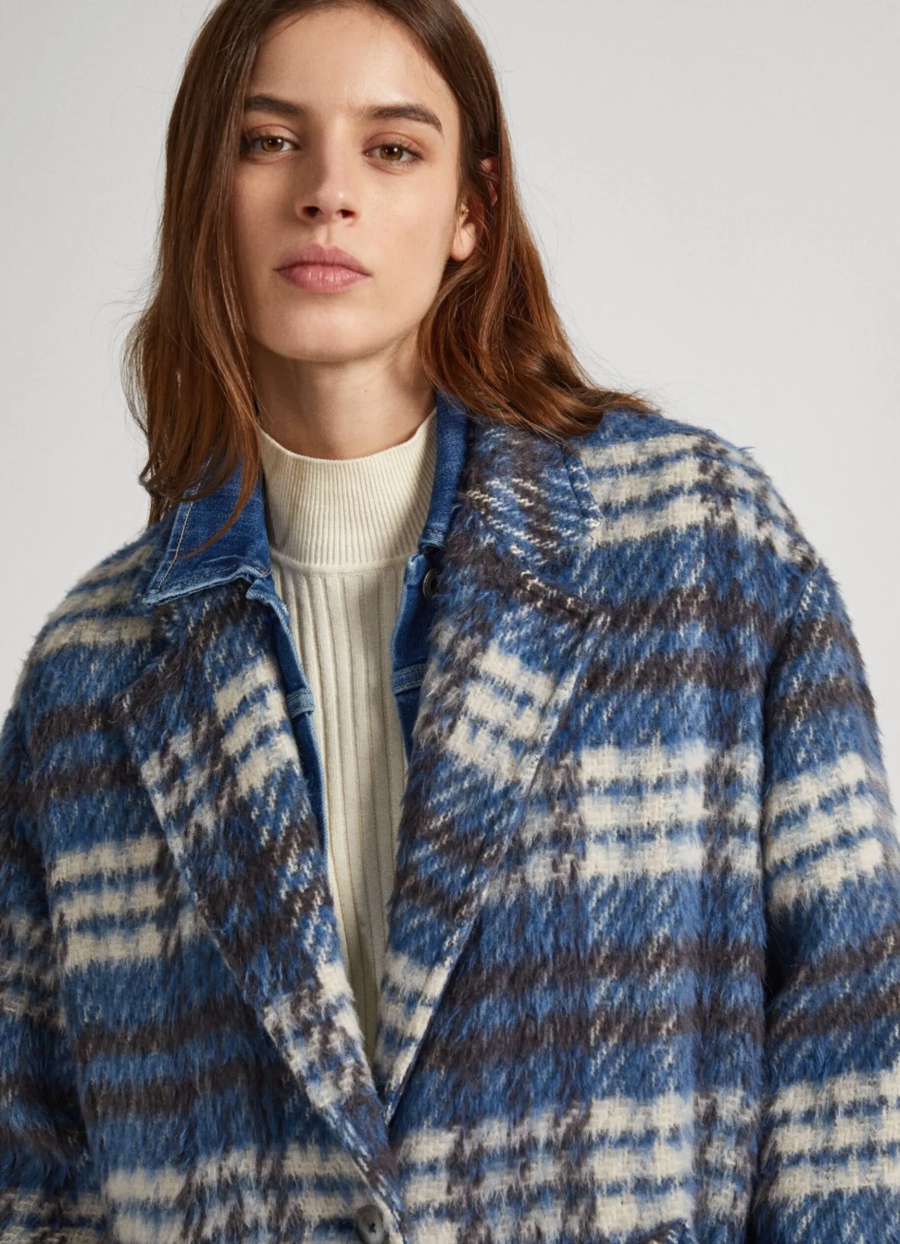 Women Pepe Jeans Long Checked Wool Coat