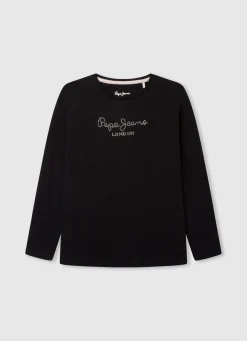 Girl Pepe Jeans Long-Sleeved Strass Logo T-Shirt