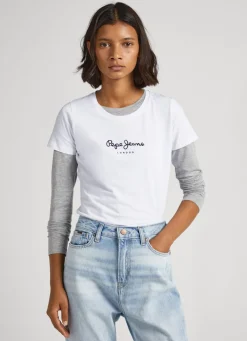 Women Pepe Jeans Lycra T-Shirt With Printed Logo