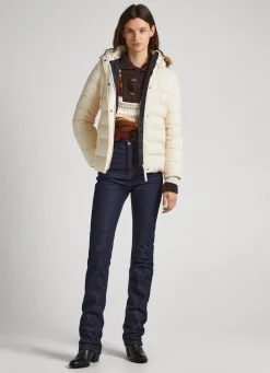 Women Pepe Jeans Puffer Jacket W/ Fur Lining On Hood