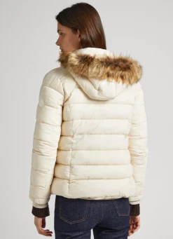 Women Pepe Jeans Puffer Jacket W/ Fur Lining On Hood