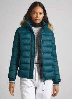 Women Pepe Jeans Puffer Jacket W/ Fur Lining On Hood