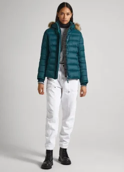 Women Pepe Jeans Puffer Jacket W/ Fur Lining On Hood