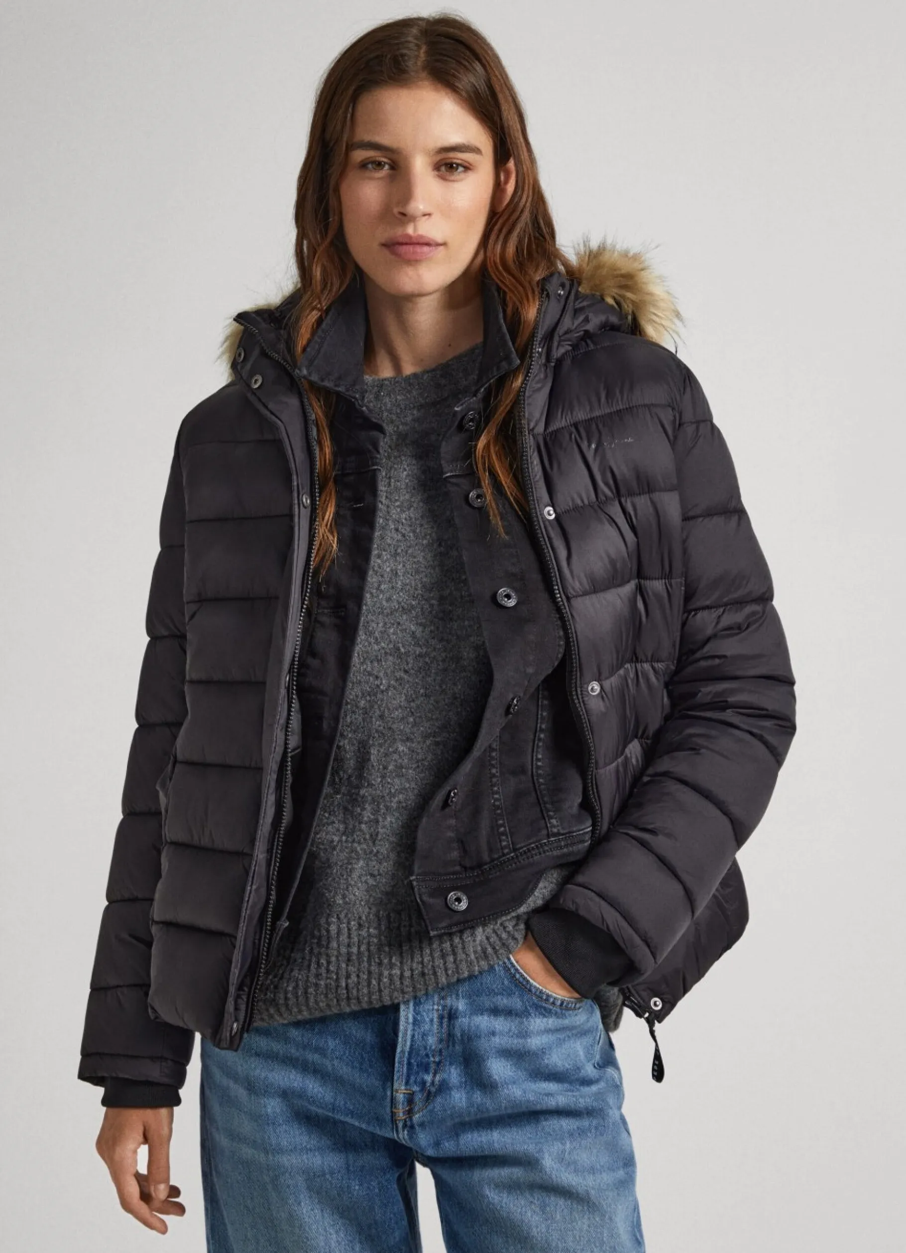 Women Pepe Jeans Puffer Jacket W/ Fur Lining On Hood