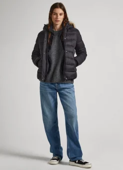 Women Pepe Jeans Puffer Jacket W/ Fur Lining On Hood