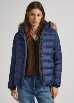 Women Pepe Jeans Puffer Jacket W/ Fur Lining On Hood