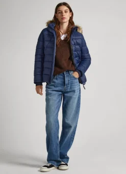 Women Pepe Jeans Puffer Jacket W/ Fur Lining On Hood