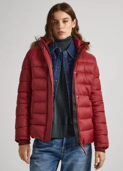 Women Pepe Jeans Puffer Jacket W/ Fur Lining On Hood