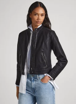 Women Pepe Jeans Quilted Shoulder Biker Jacket
