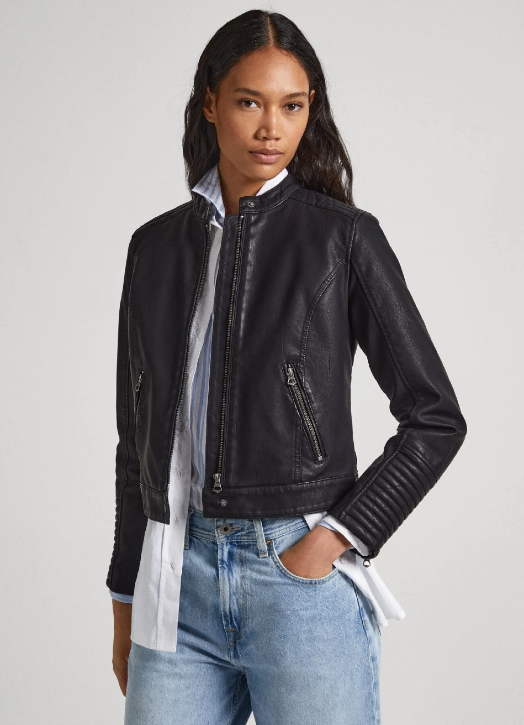Women Pepe Jeans Quilted Shoulder Biker Jacket
