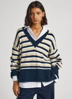 Women Pepe Jeans Striped V-Neck Sweatshirt